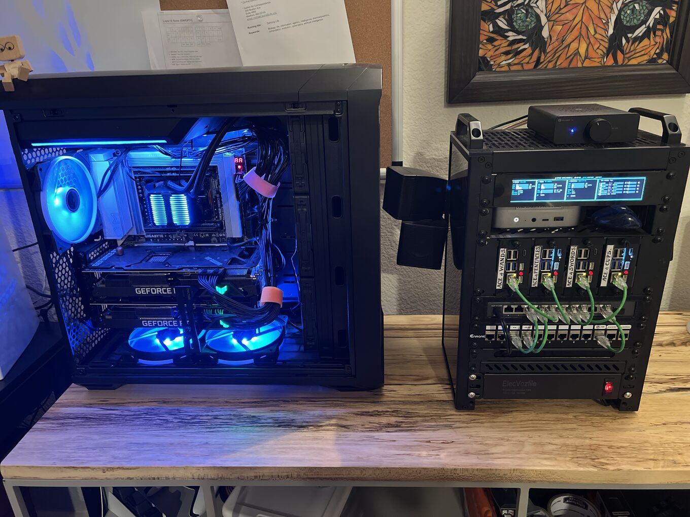 The lab: workstation and rack side by side