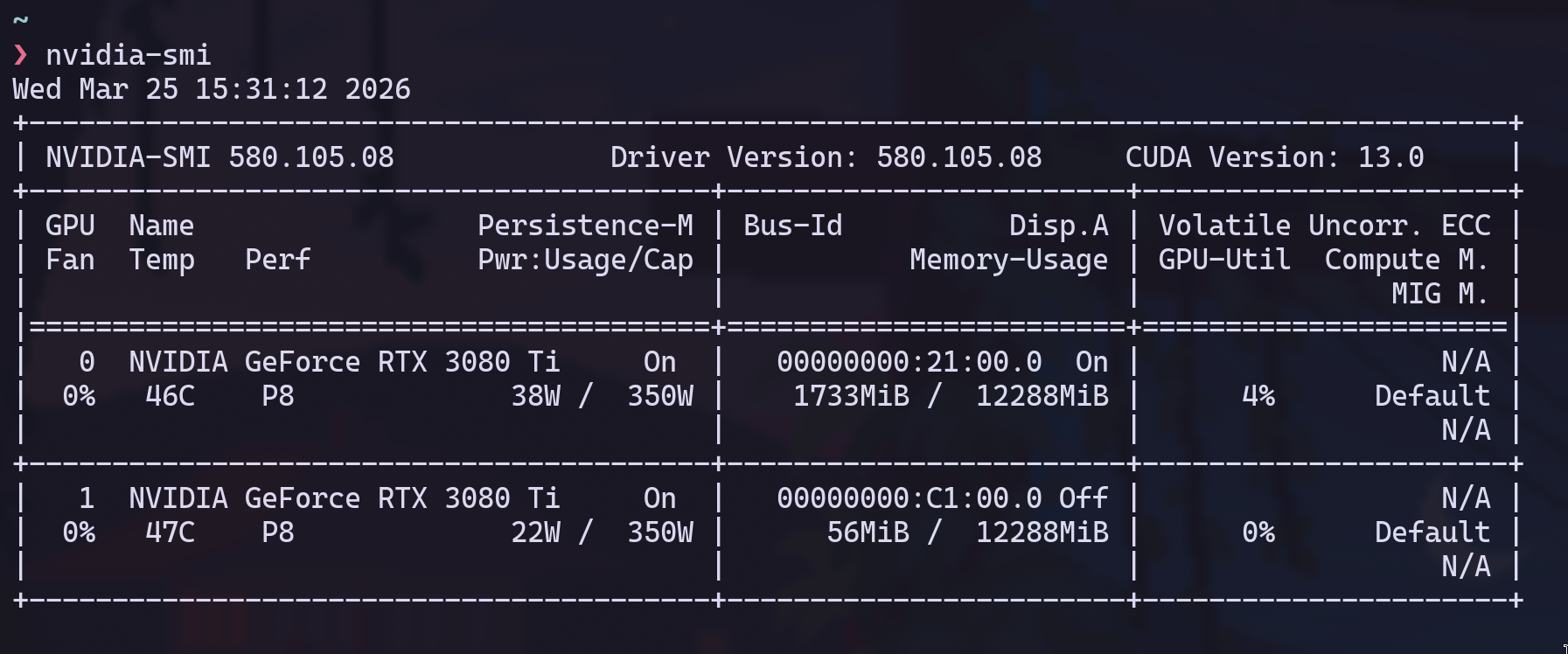 nvidia-smi showing both 3080 Tis