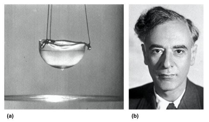 Figure 11: (a) The Fountain Effect — liquid helium in the superfluid phase as it creeps up the bowl’s wall as a thin film, curls over the lip, and drips down the outside. This process continues until the cup is empty. (b) Lev Landau, who developed the mathematical theory for superfluidity.