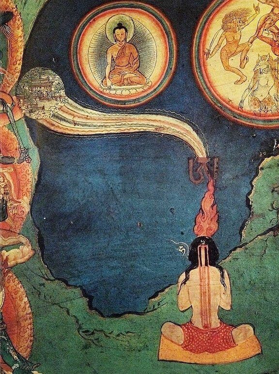 Figure 17: Tibetan depiction of Tummo (inner heat) practice showing the central channel, the Sushumna nadi.