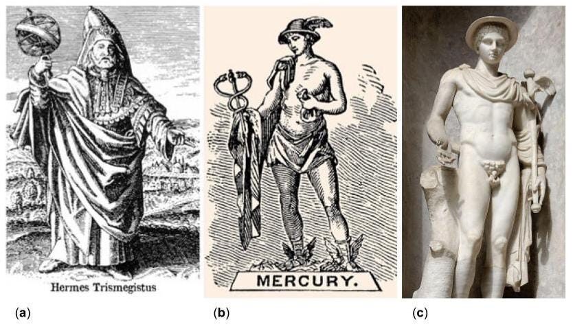 Figure 18: (a) Hermes Trismegistus, the ancient founder of alchemy. (b) The Roman god Mercury, holding the caduceus staff. (c) The Greek god Hermes, also holding the caduceus staff.